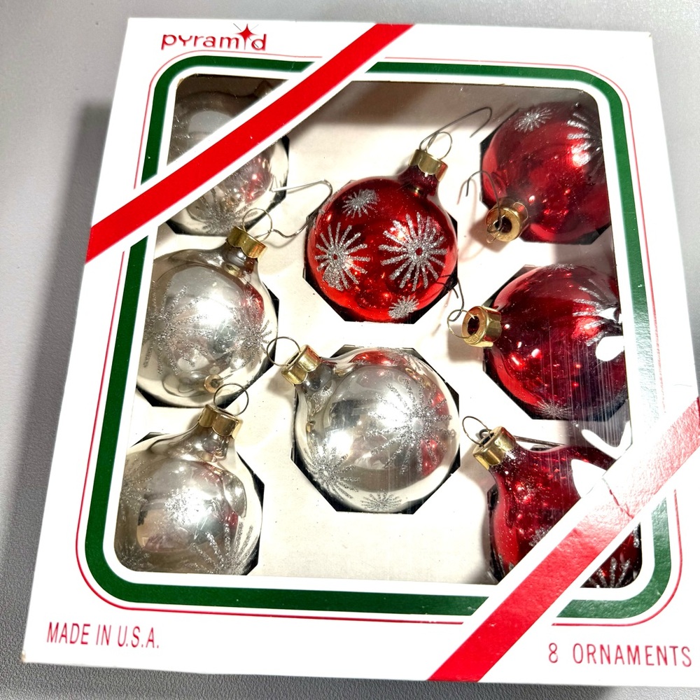 Pyramid 8 Vintage Red and Silver Mercury Glass Ball Ornaments